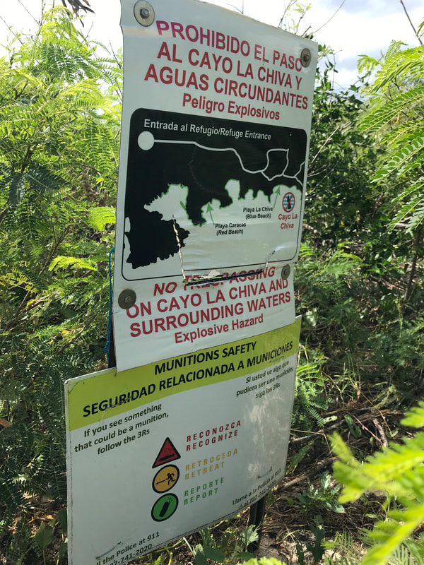 Sign warning beachgoers of loose explosives and munitions in Vieques, Puerto Rico, site of military exercises and chemical testing by the US Navy (photo taken by Sara Plana)